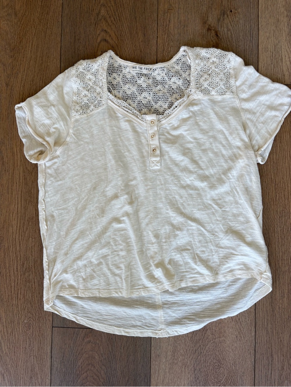 We The Free Short Sleeve Lace Yoke Henley Top in Cream